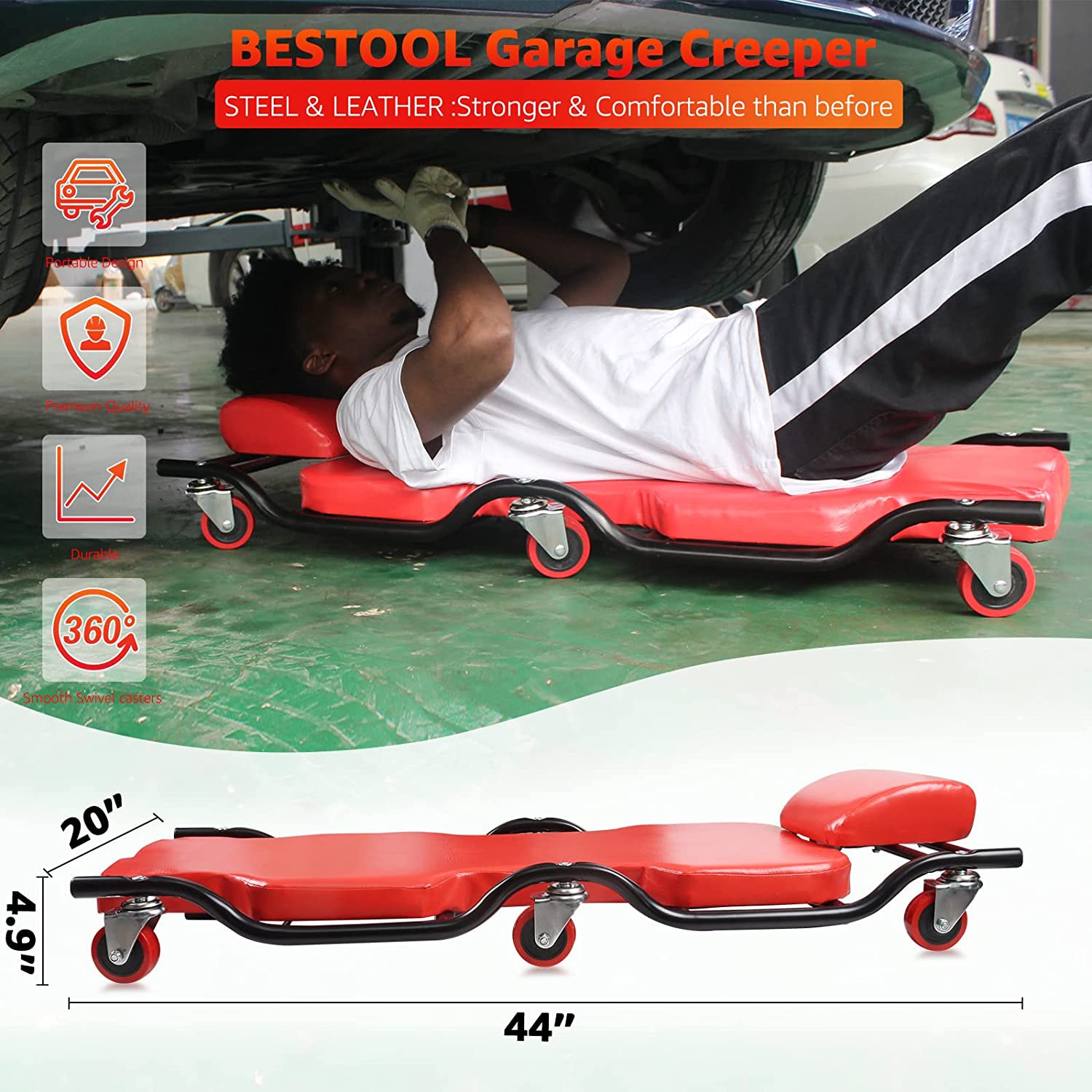 BESTOOL Heavy-Duty Automotive Creeper | Metal Frame Mechanic Creeper | 350LBs Capacity, Red